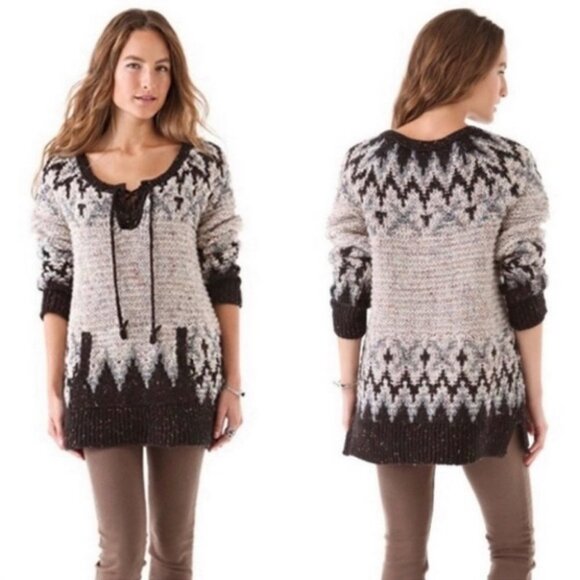 Free People Fair Isle Mohair Alpaca‎ Knit Sweater Size Small Chunky Pockets Boho - Picture 1 of 8